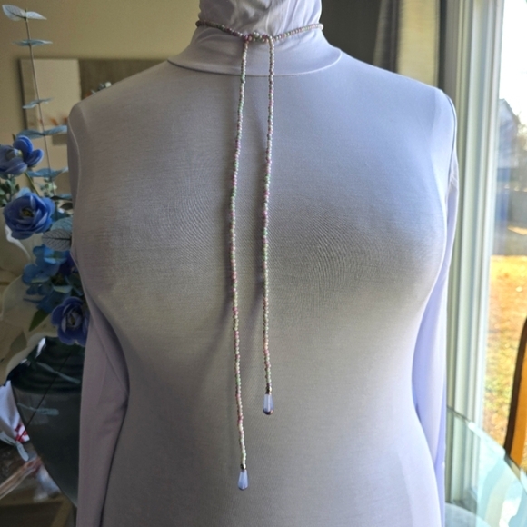 Elegant Multicolor Beaded Stone Lariat Necklace Purple Green Pink - Picture 2 of 9